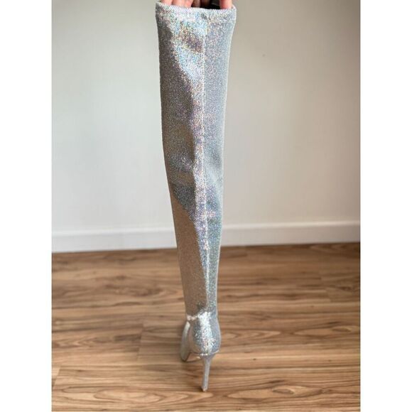 NWOT Stuart Weitzman Womens Ultrastuart Xcurve Over The Knee Boots Silver Sz 7 - Picture 9 of 11